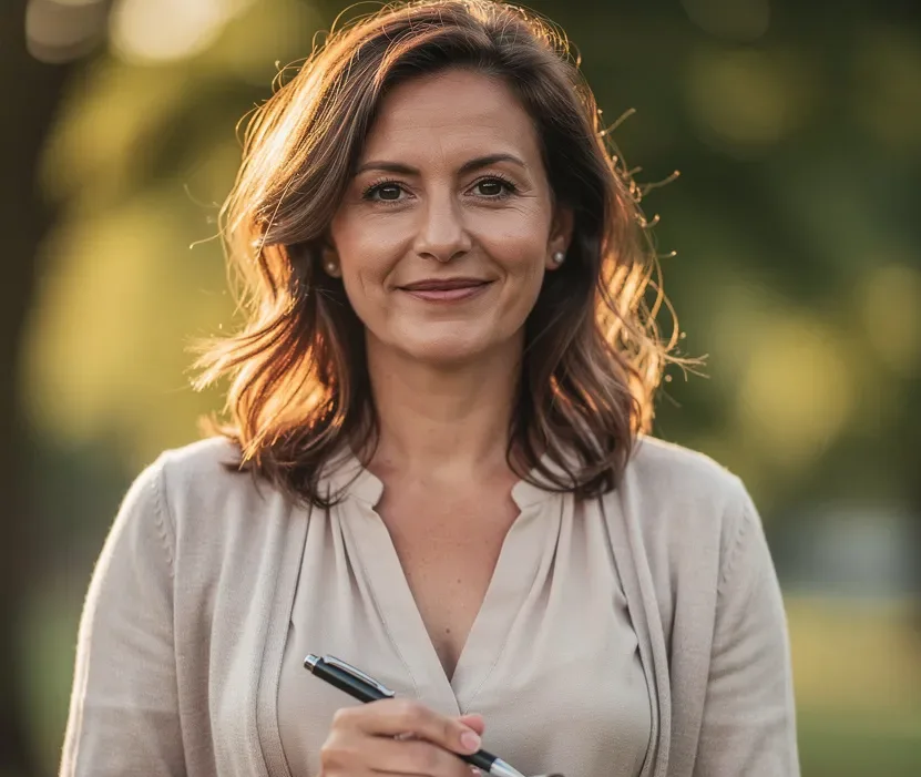 Mujer de unos 40 años sonriendo al aire libre mientras sostiene un cuaderno.
